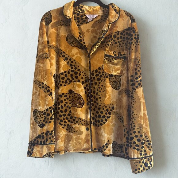 Sofia Gold Velvet Leopard Print Button Down Blouse Top Size L - Picture 2 of 6